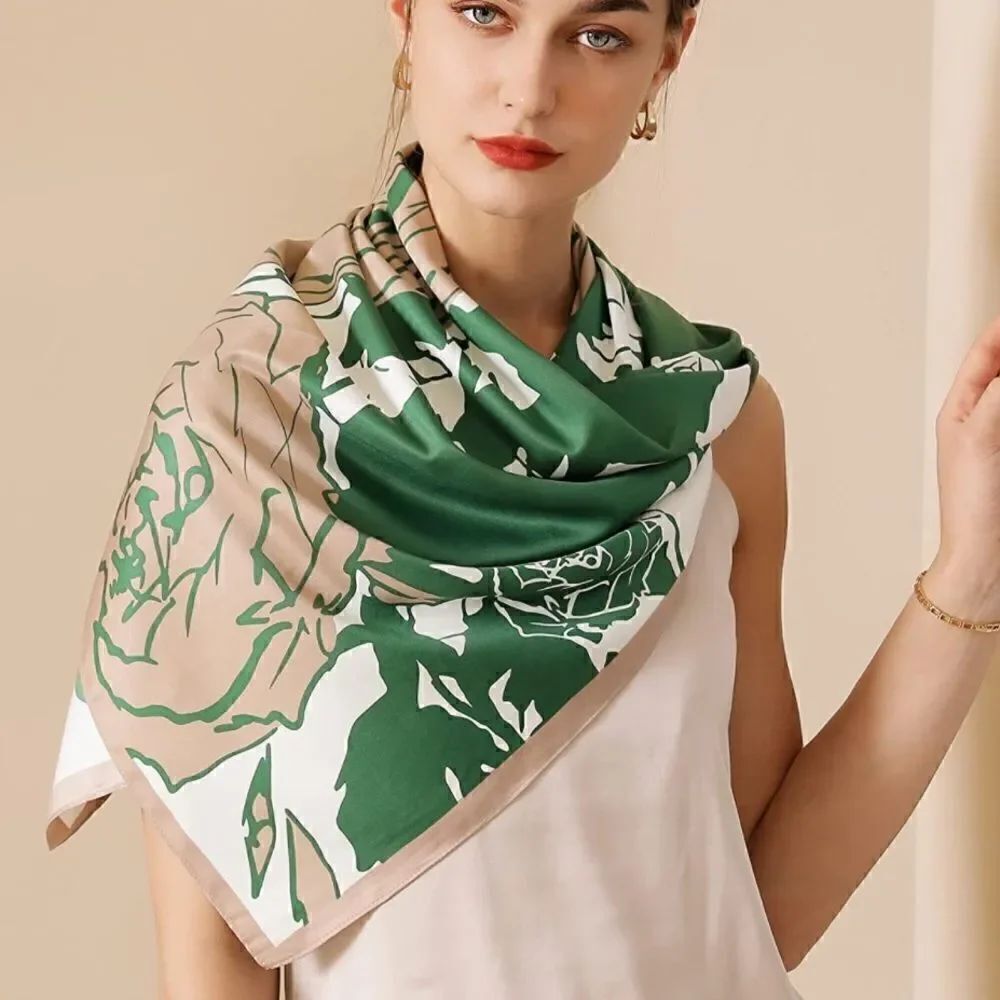 Green Floral Silky Scarf